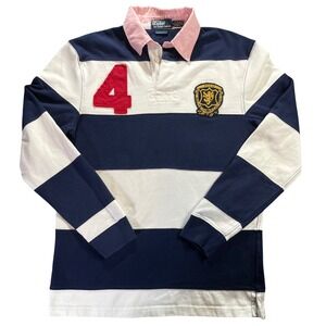 VTG Polo Ralph Lauren Custom Fit Rugby Shirt‎ Navy White Red 4 Patch Mens M